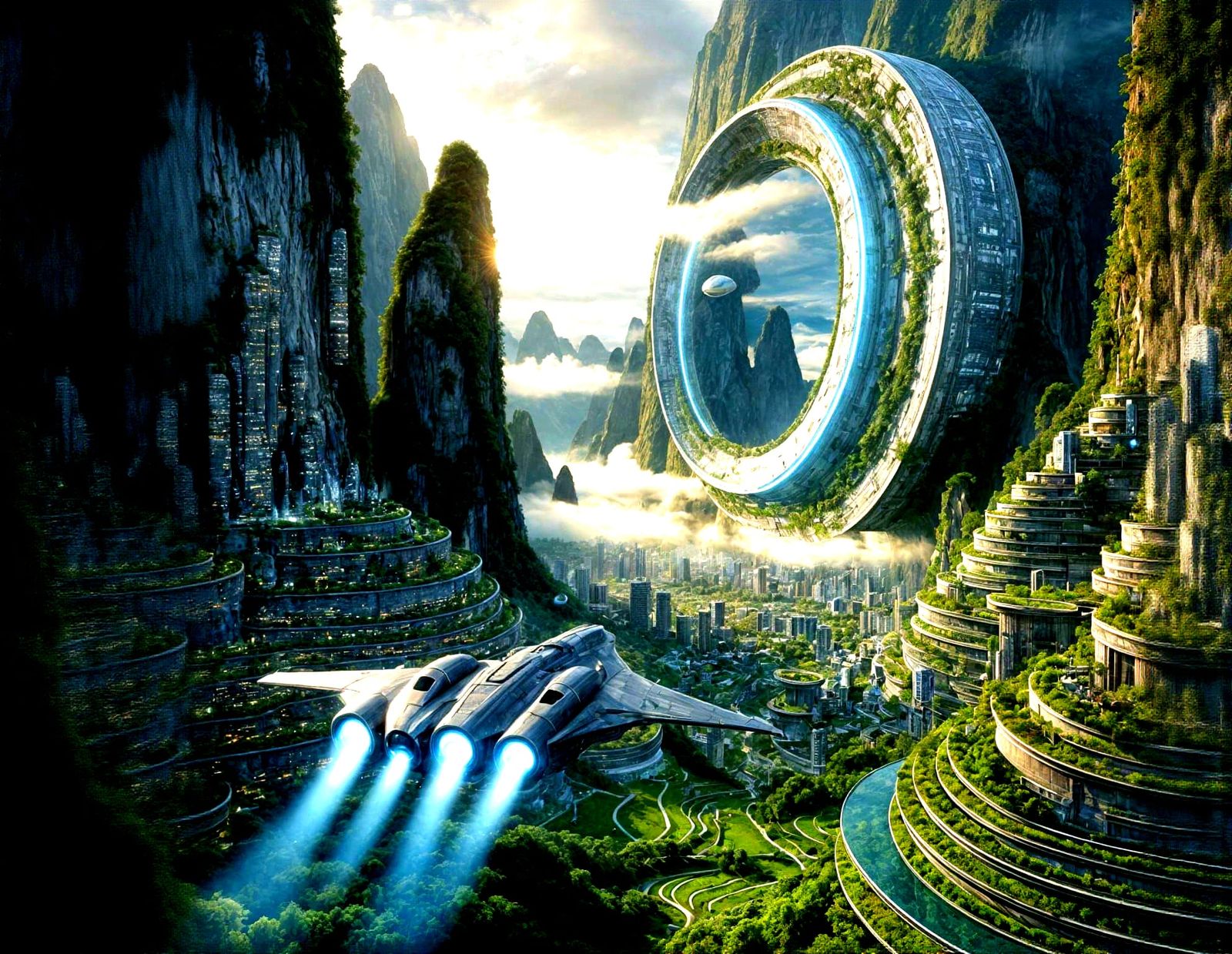 Futuristic Starship Enters Lush Canyon Portal