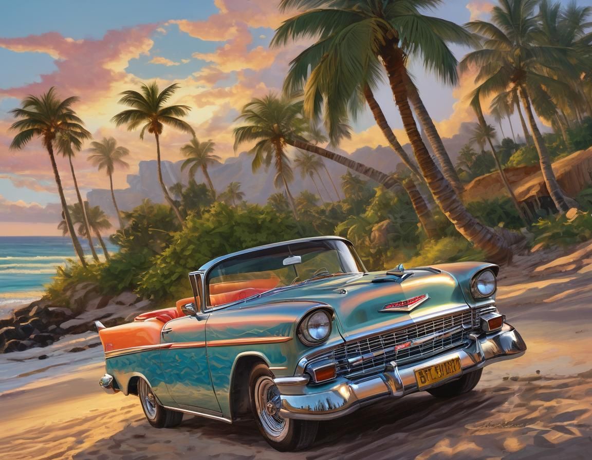 Cartoon Chevy Bel Air Impasto Oil Painting