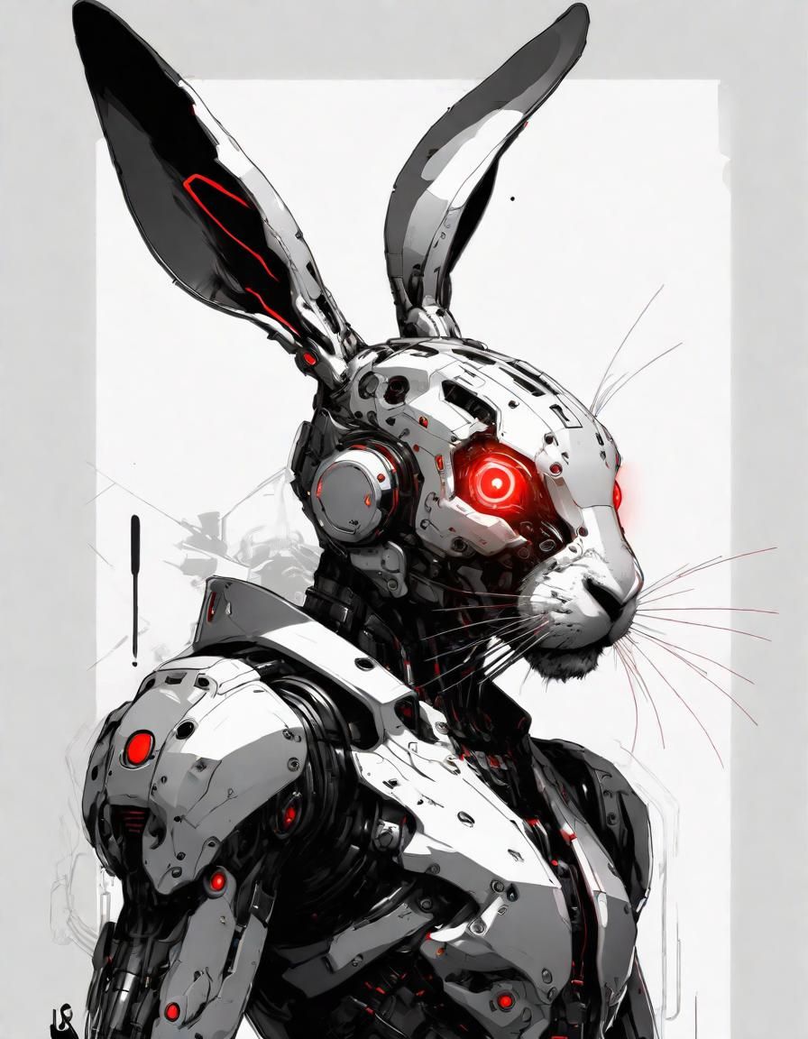 Cyborg Rabbit Portrait in Ink Drawing Style