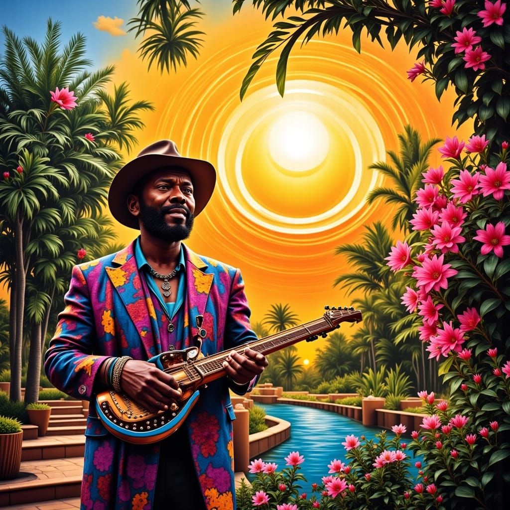 Jazz Legend Roy Ayers in Vibrant Sun-Drenched Landscape