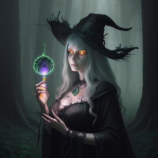 Mystical Forest Witch Communing with Tree Spirits