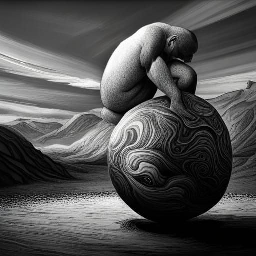 Sisyphus's Eternal Struggle: A Hyperdetailed Ukiyo-e Drawing