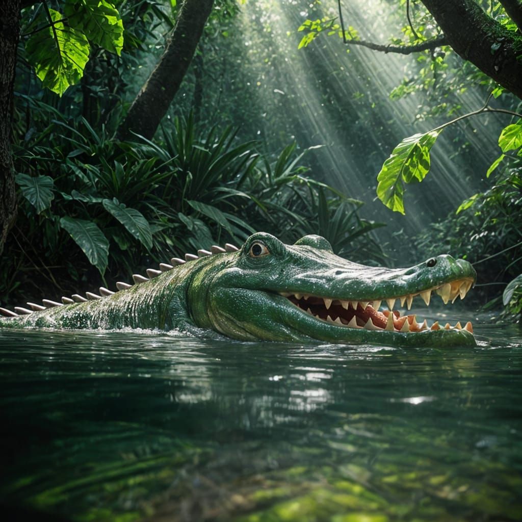 Surrealistic Crocodile in River Jungle Scene with Volumetric...