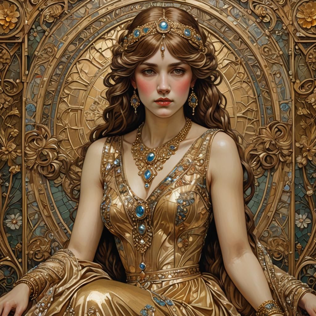 Golden Art Nouveau Portrait of Woman in Gold Dress