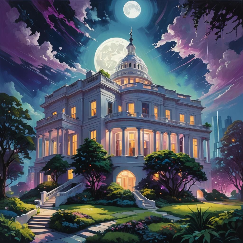 Futuristic White House on the Moon in Oil Painting Style
