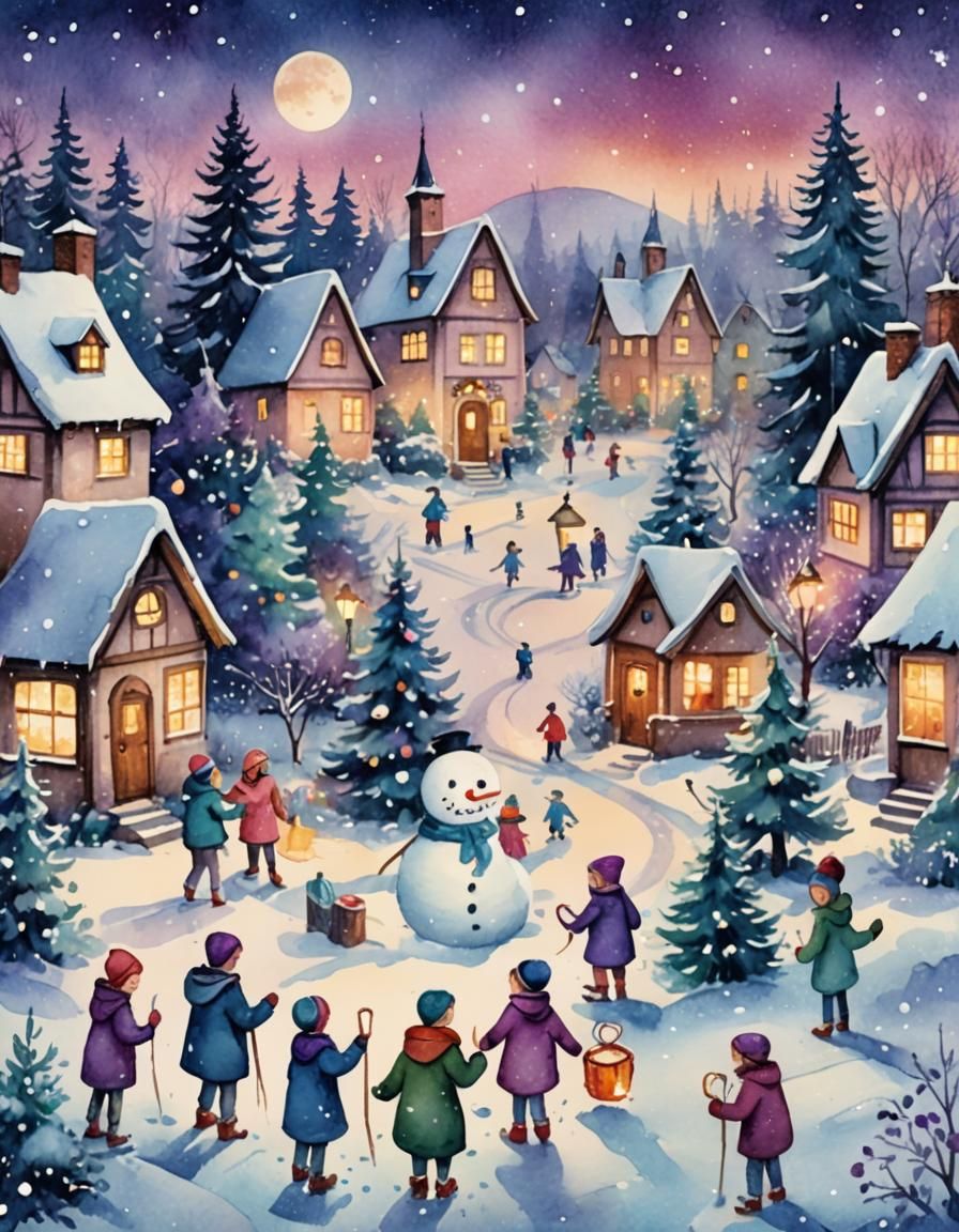 Whimsical Christmas Village Scene in Watercolour Style