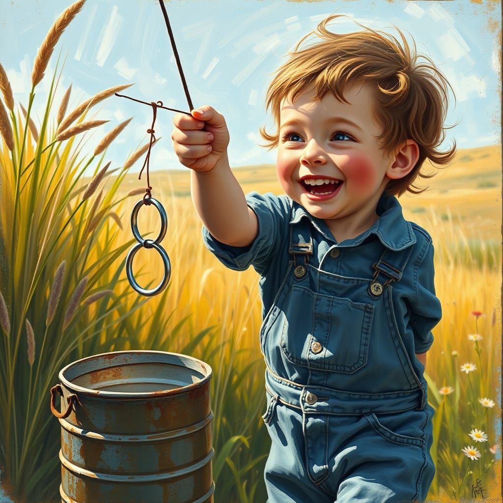 Joyful Child Swings Fishing Line in Vibrant Countryside
