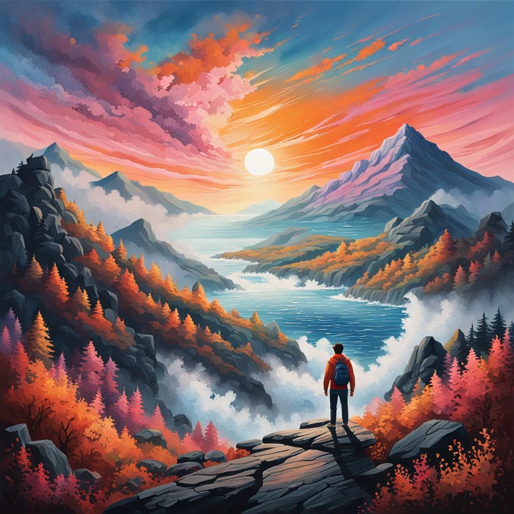 Misty Forest Overlook at Sunset: Oil Painting
