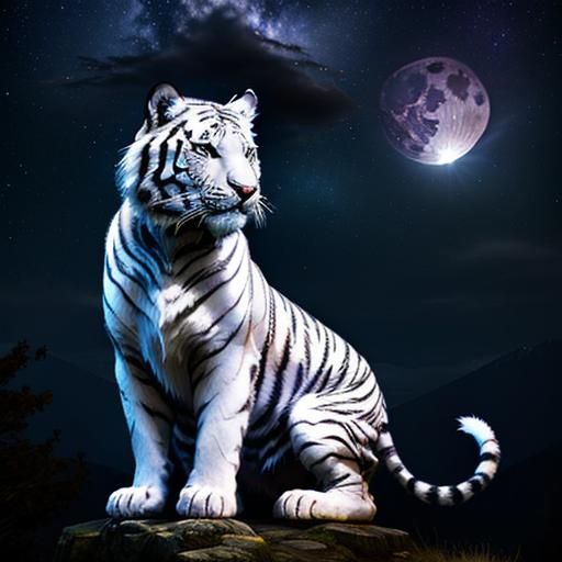 Fantasy White Tiger Under Starry Night Sky