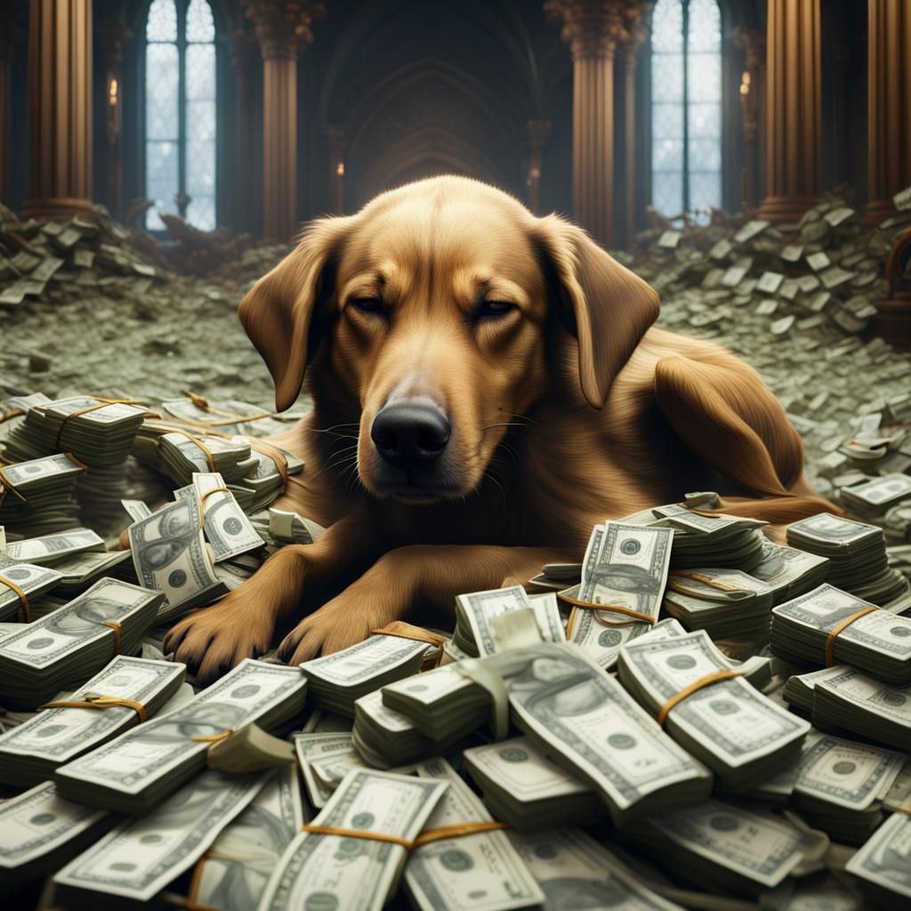 Dog Sleeps on Money in Detailed Digital Painting