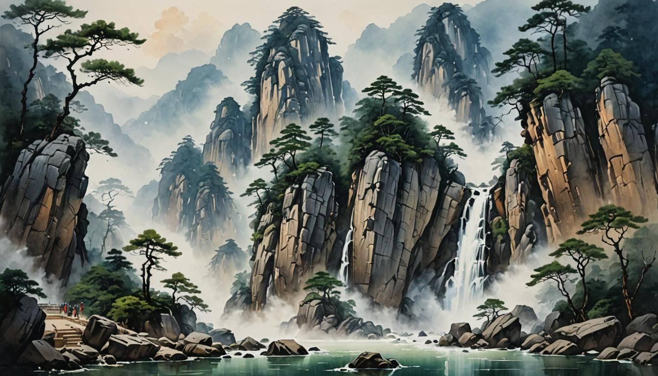 Huangshan Waterfall with Animist Altar, Watercolor Style