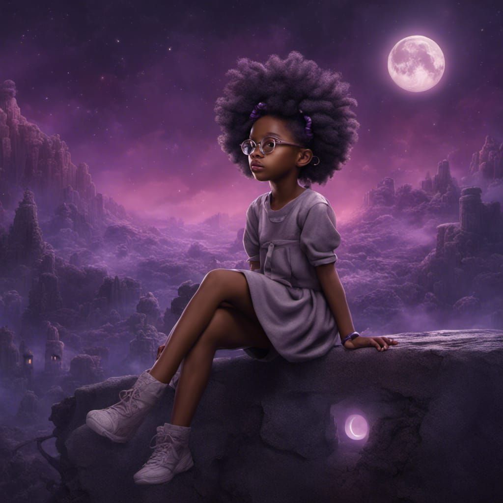 Girl with Afro Puffs Under Purple Moonlight
