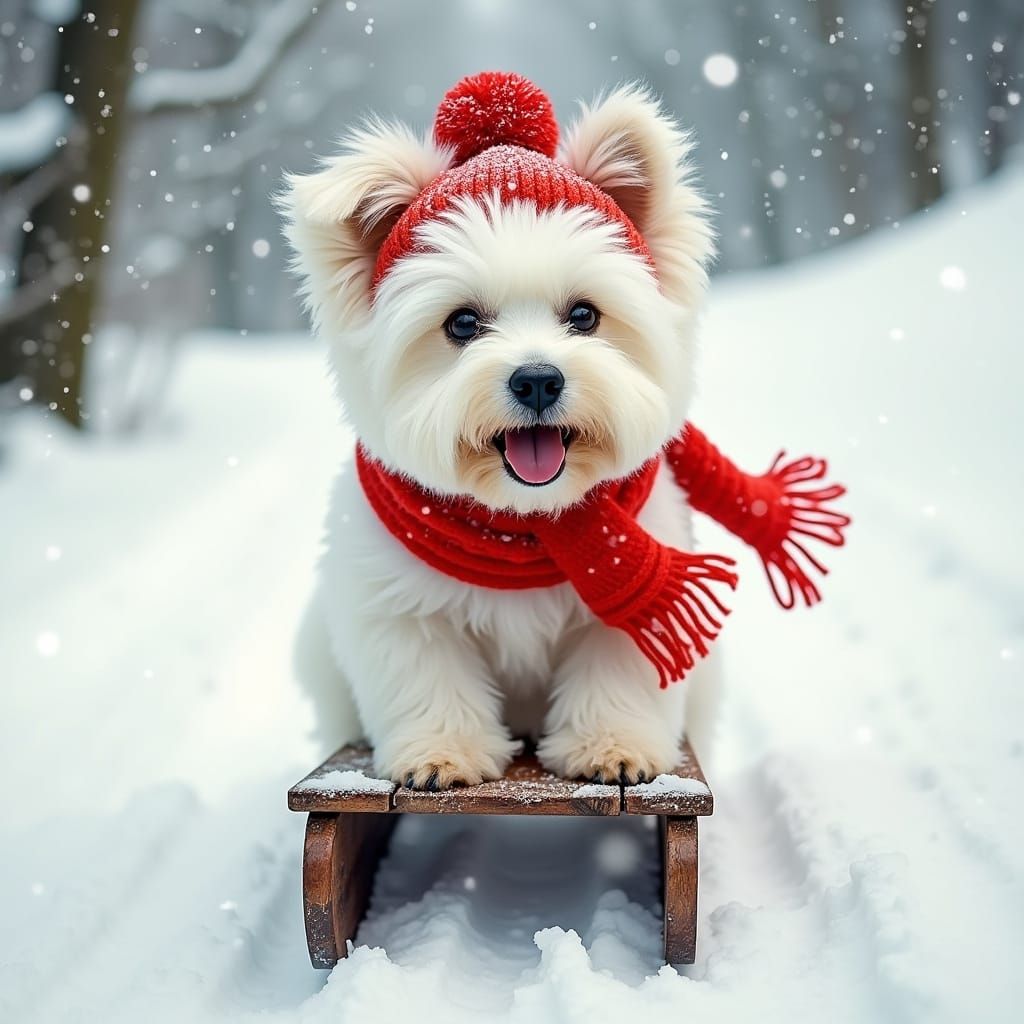 Joyful Havanese on a Sled, Speeding Down a Snowy Hill in a W...