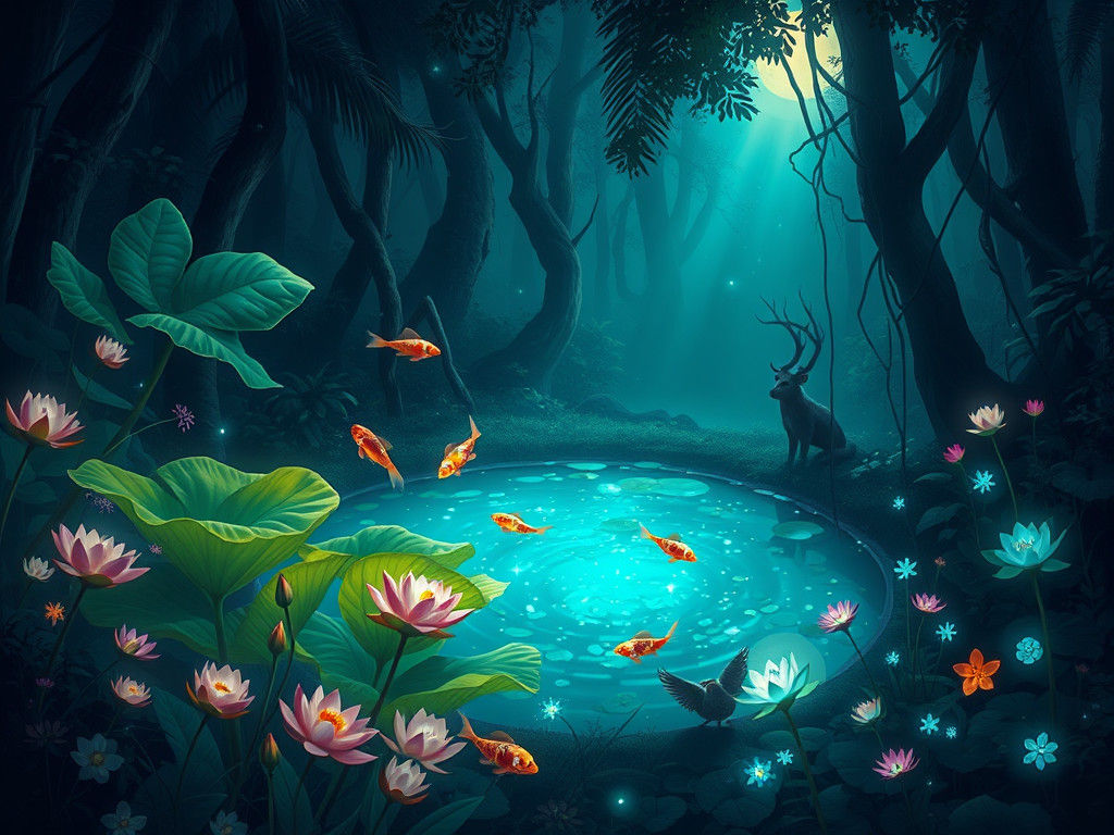 Ethereal Pond in Dark Forest: Digital Painting