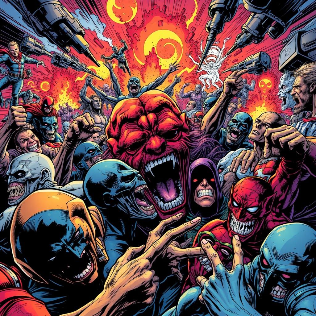 Chaotic Frenzy in Comic Book Art Style