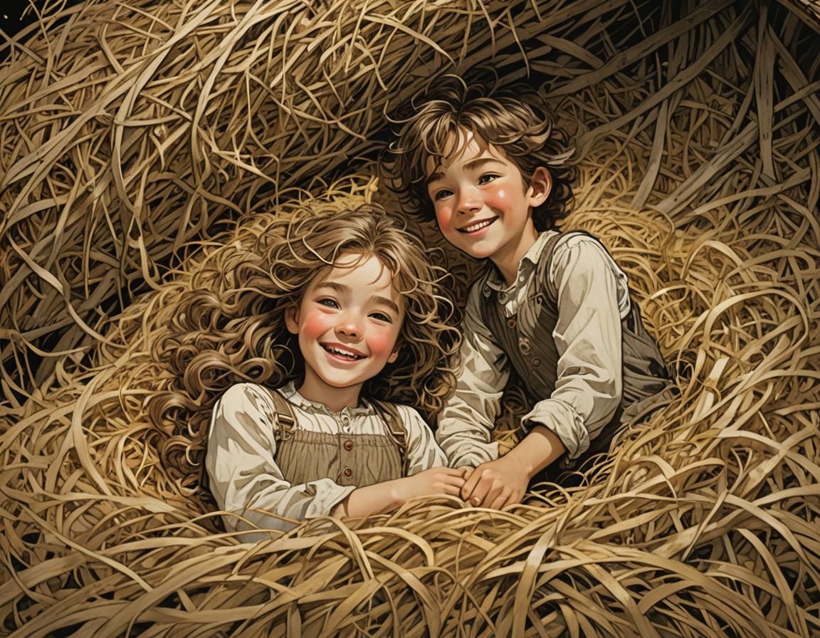Siblings Laughing in Hayloft: Whimsical Illustration
