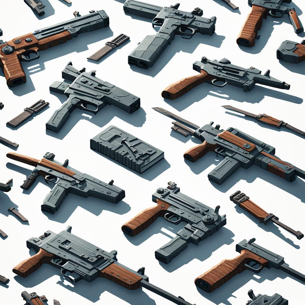 Isometric View of Metallic Weapons in Ages of Metal Style