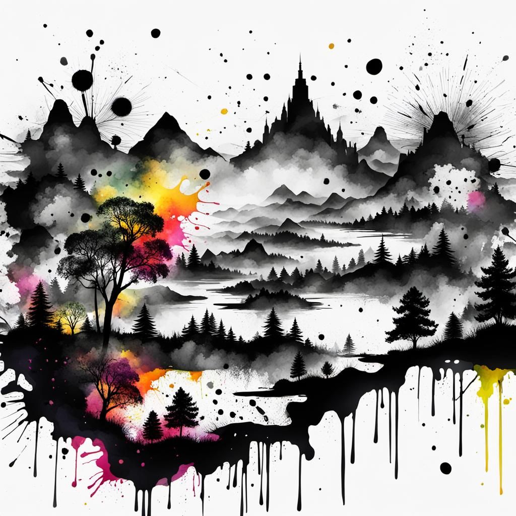 Colorful Ink Splatter Landscape Art
