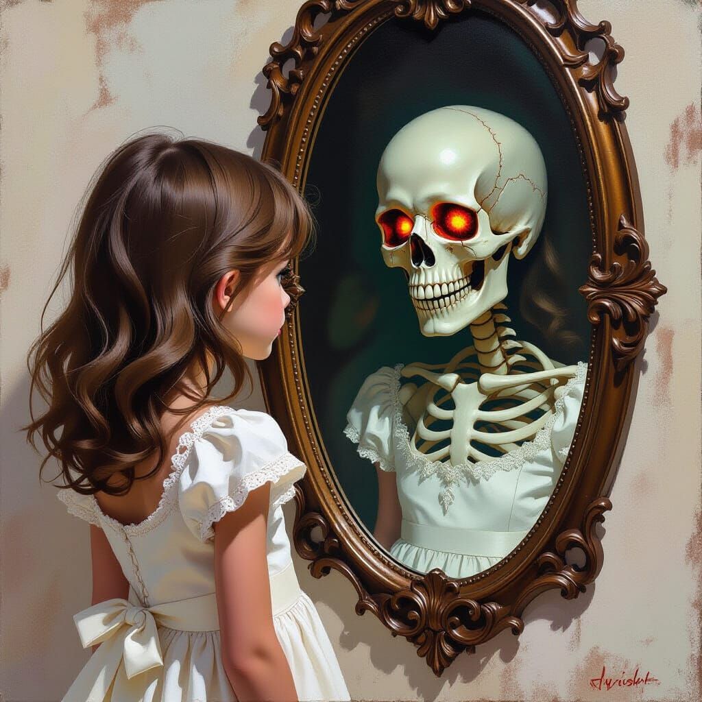 Sinister Reflection: Gouache Girl Meets Skeleton