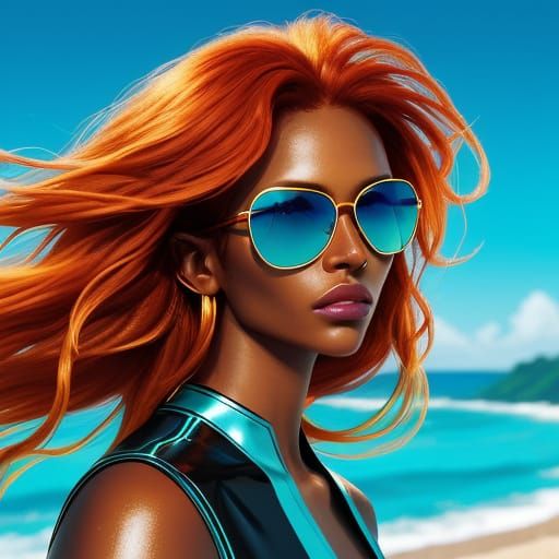 Tanned Woman with Mirrored Sunglasses in Digital Art