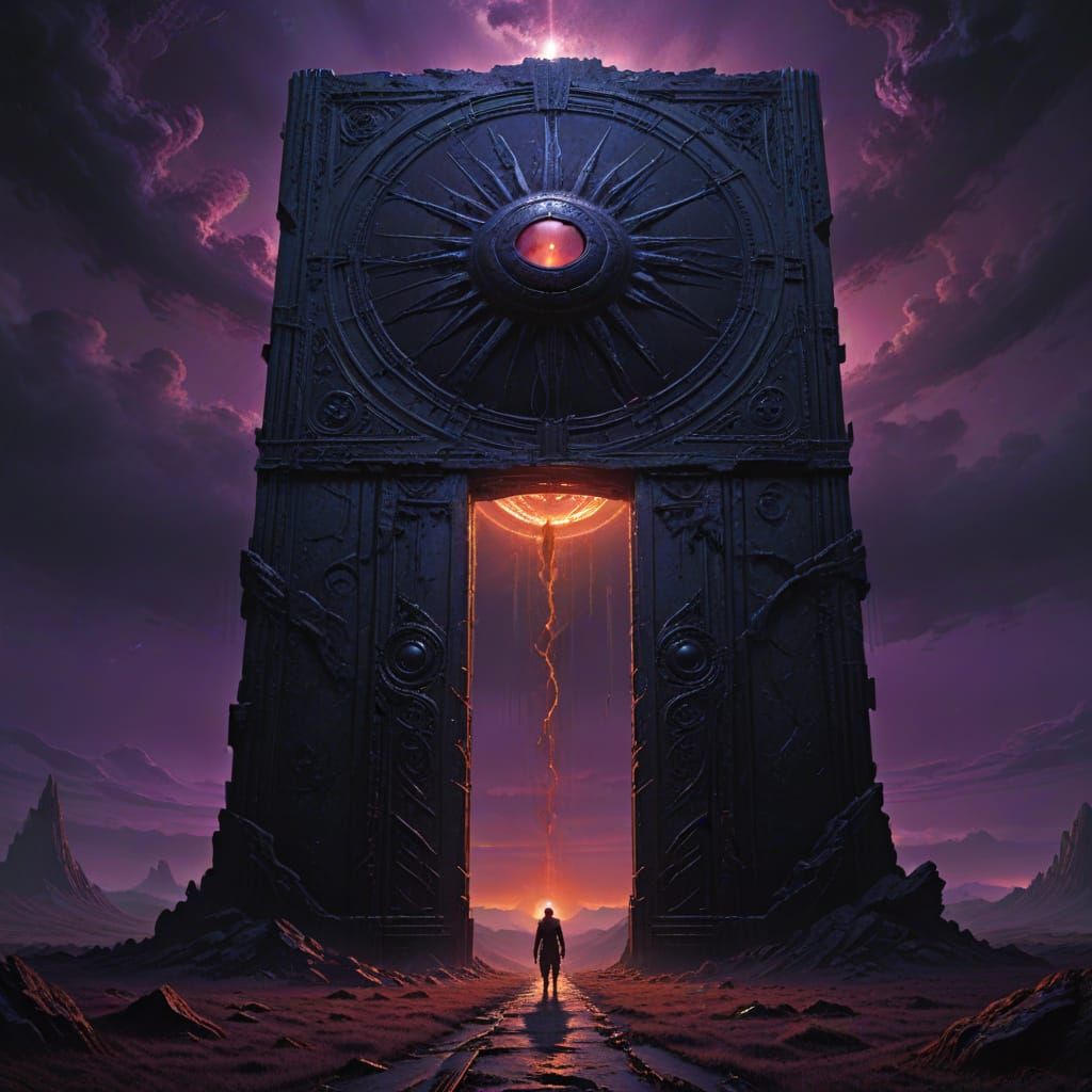 Giant Elevator Descends Under Black Sun in Surreal Landscape