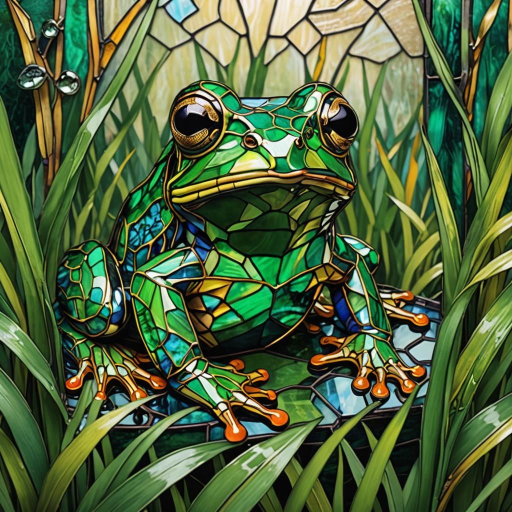 Emerald Frog in Stained Glass, Hyperrealistic Splash Art