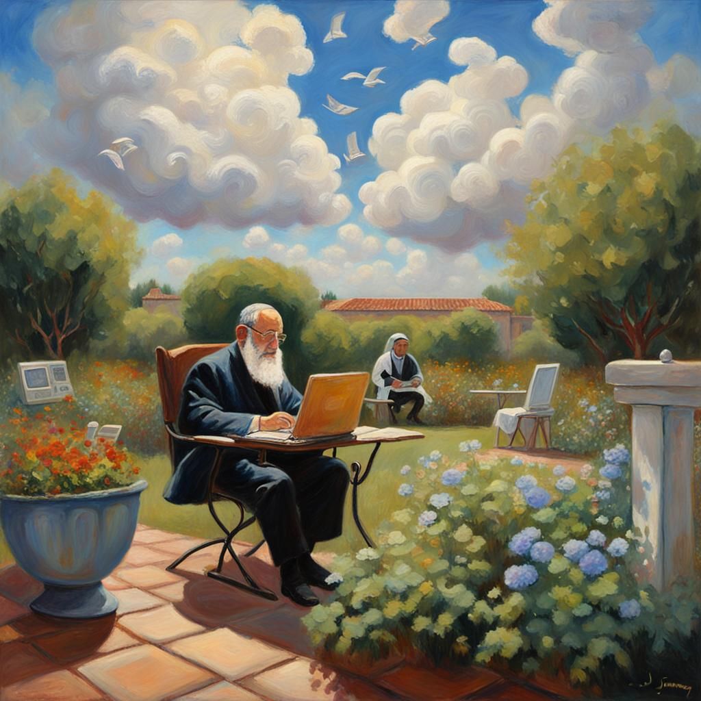 Rabbi Writes on Laptop Book in Garden, Oil Painting