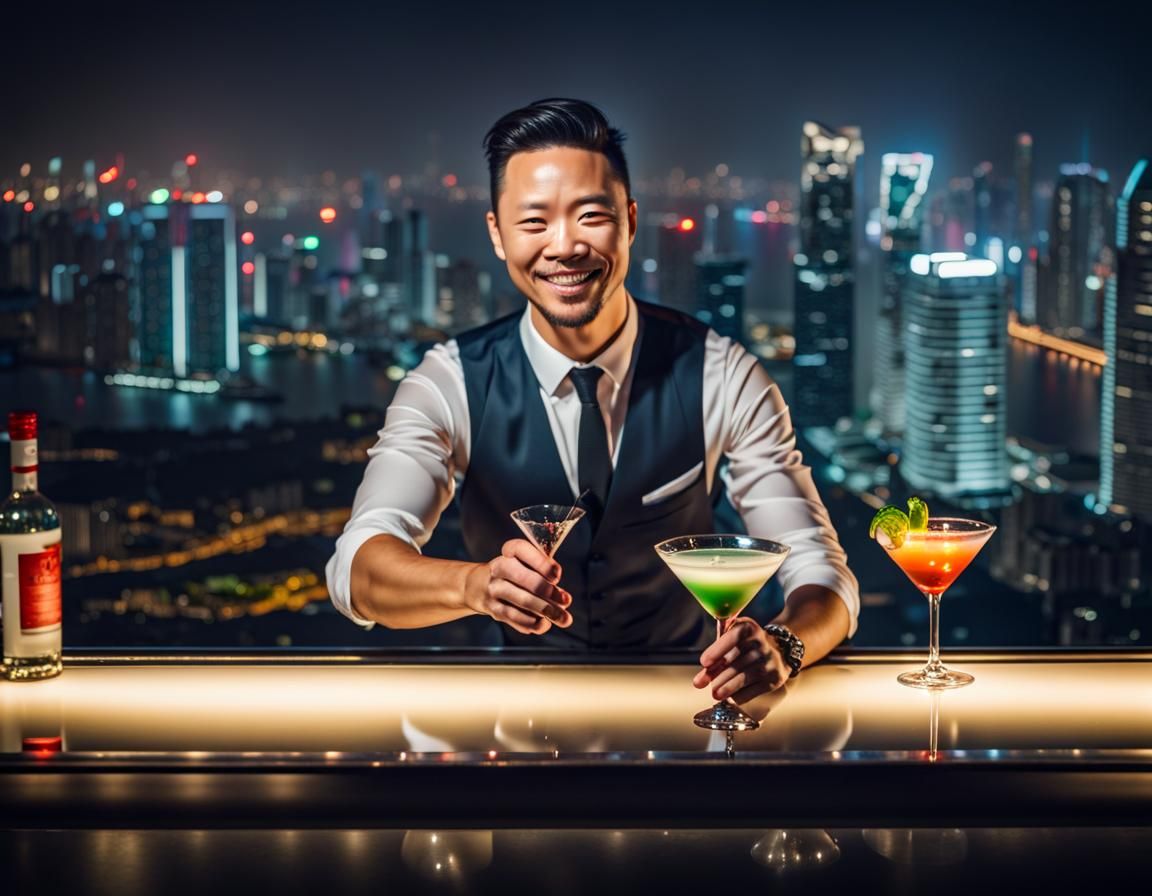 Smiling Bartender in Singapore Rooftop Bar