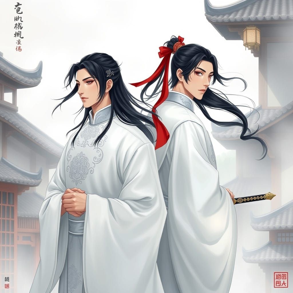 Elegant Asian Warriors Amidst Traditional Chinese Homes in M...