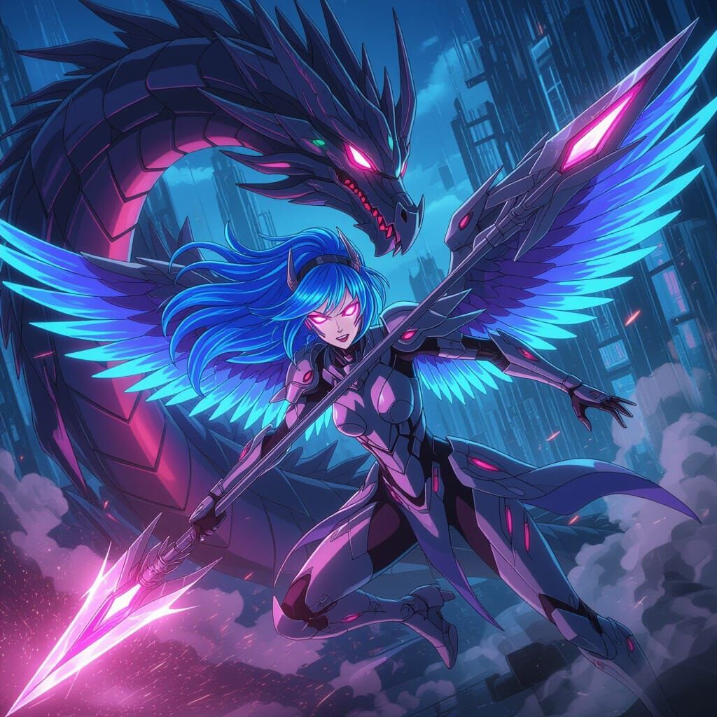 Cyborg Angel Battles Robotic Dragon in Cyberpunk Anime Style
