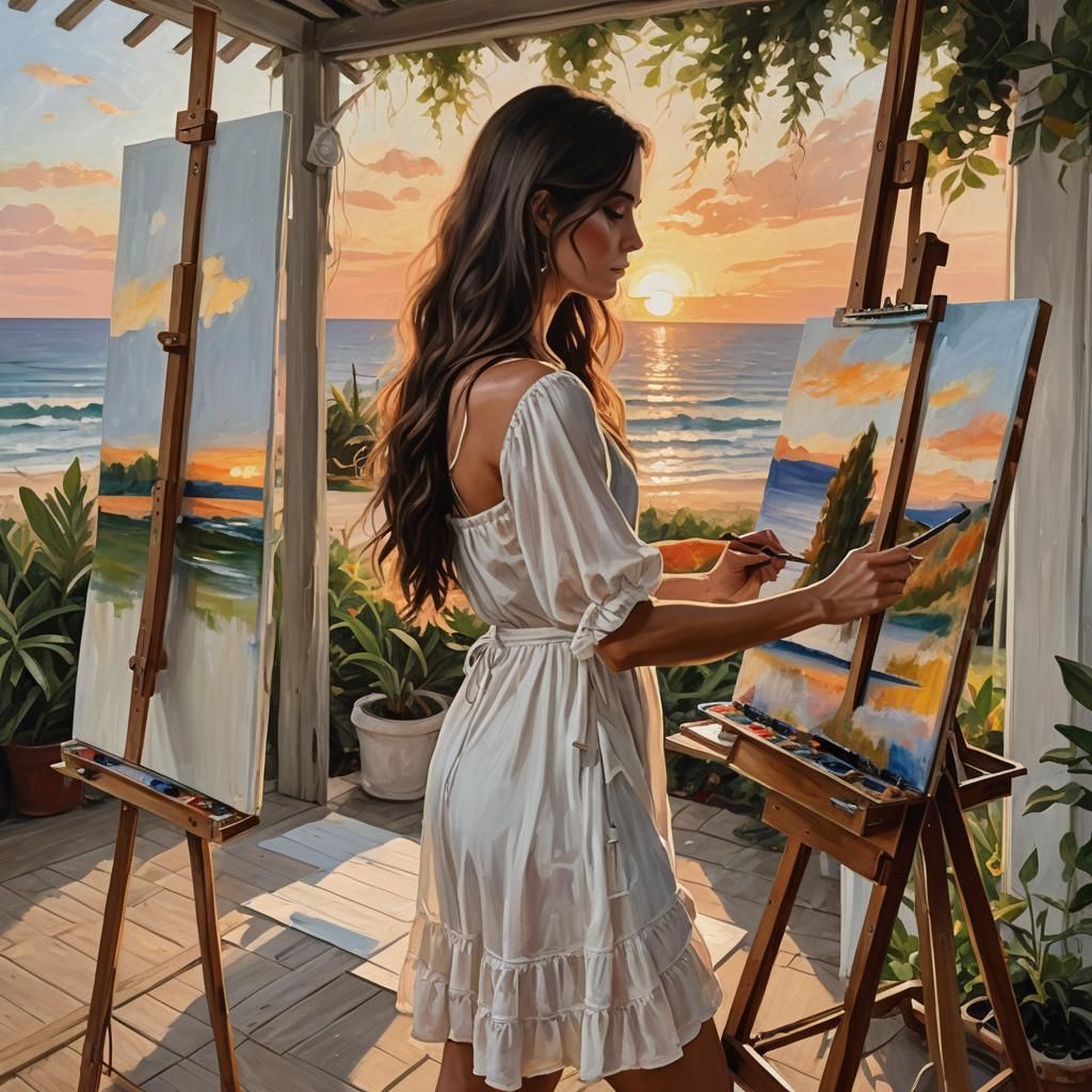Brunette Woman Painting at Sunset in Bungalow