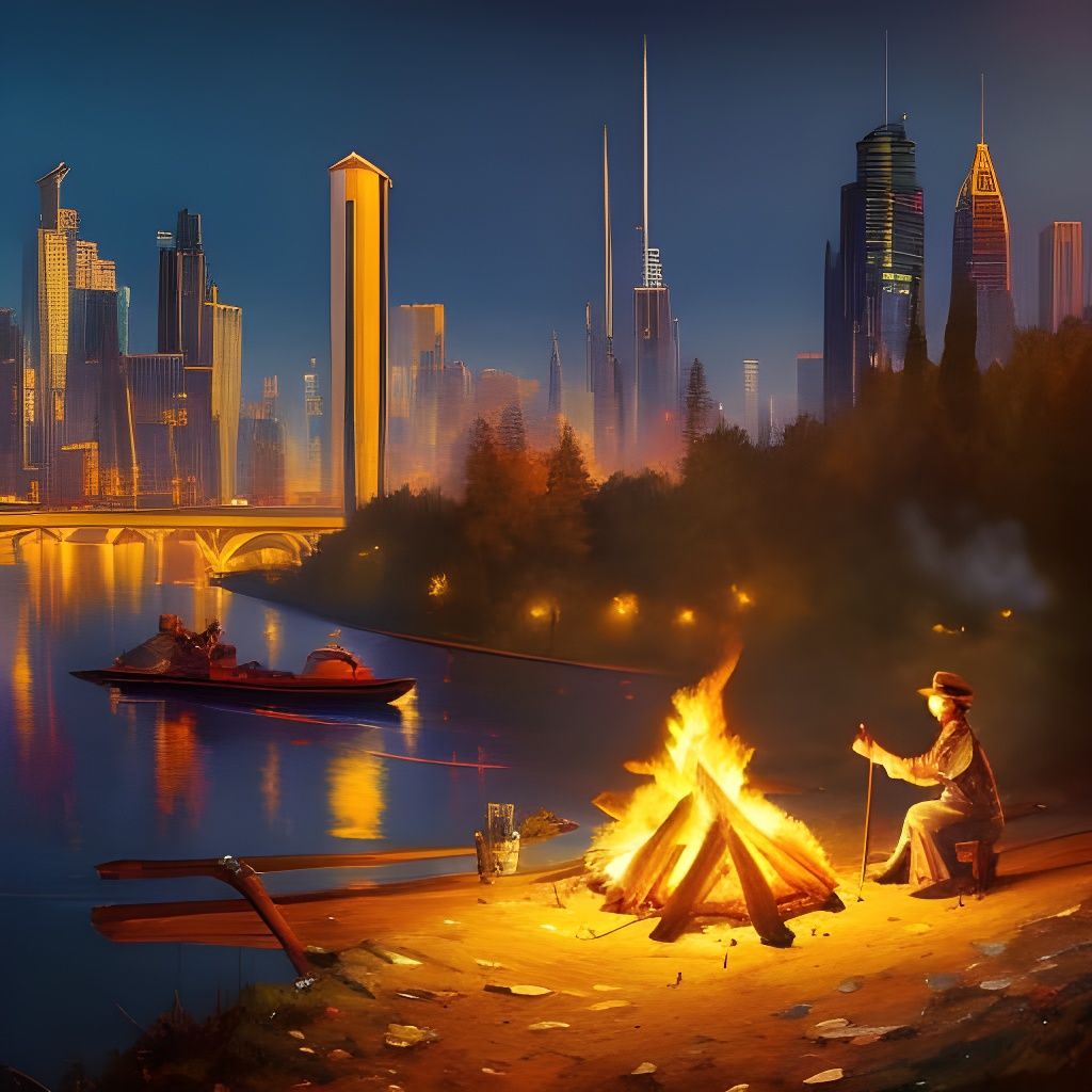 Campfire by River Reflecting City, Surreal Concept Art