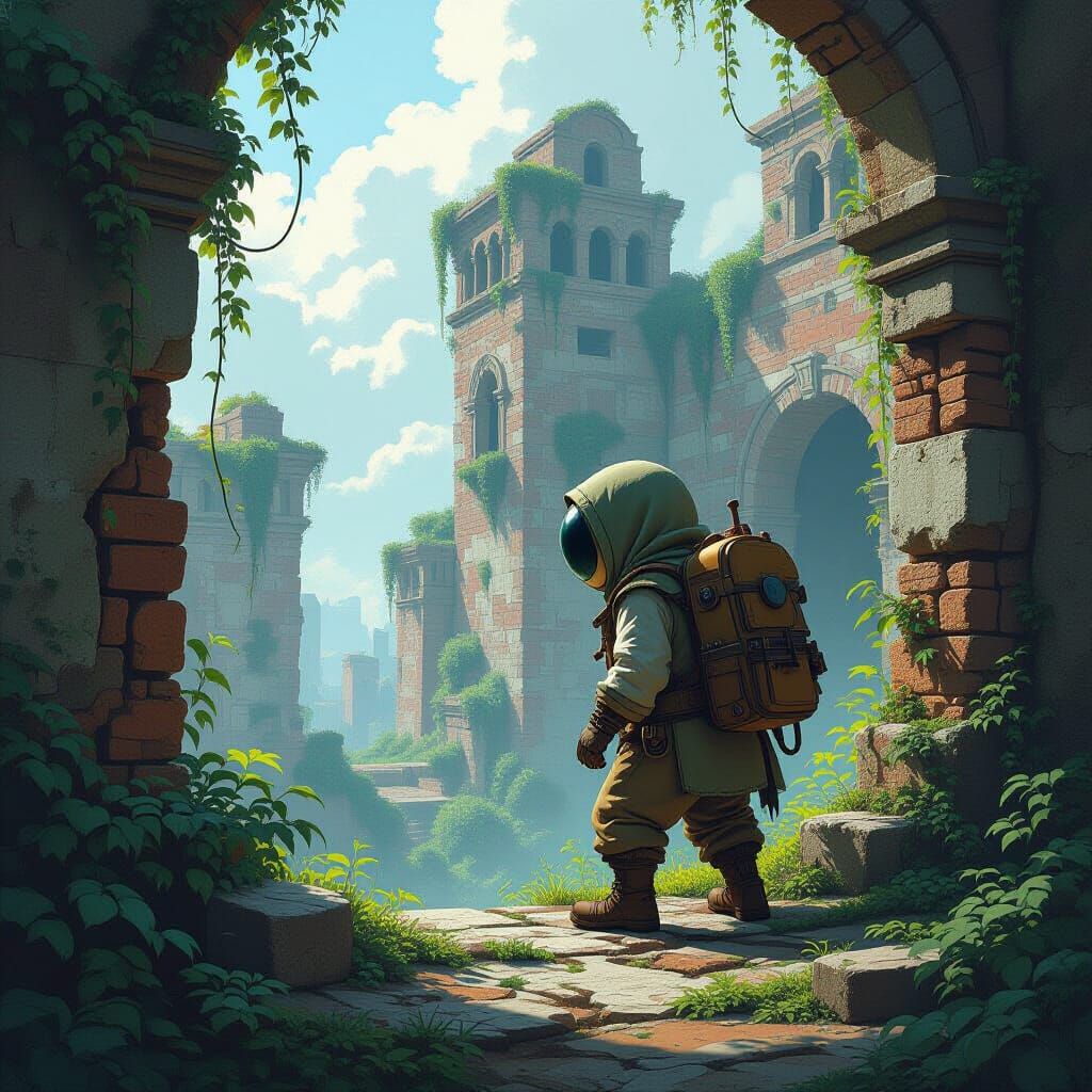 Explorer in Ancient Ruins with Earthy Tones