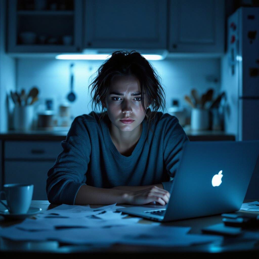 Exhausted Person at Dimly Lit Kitchen Table
