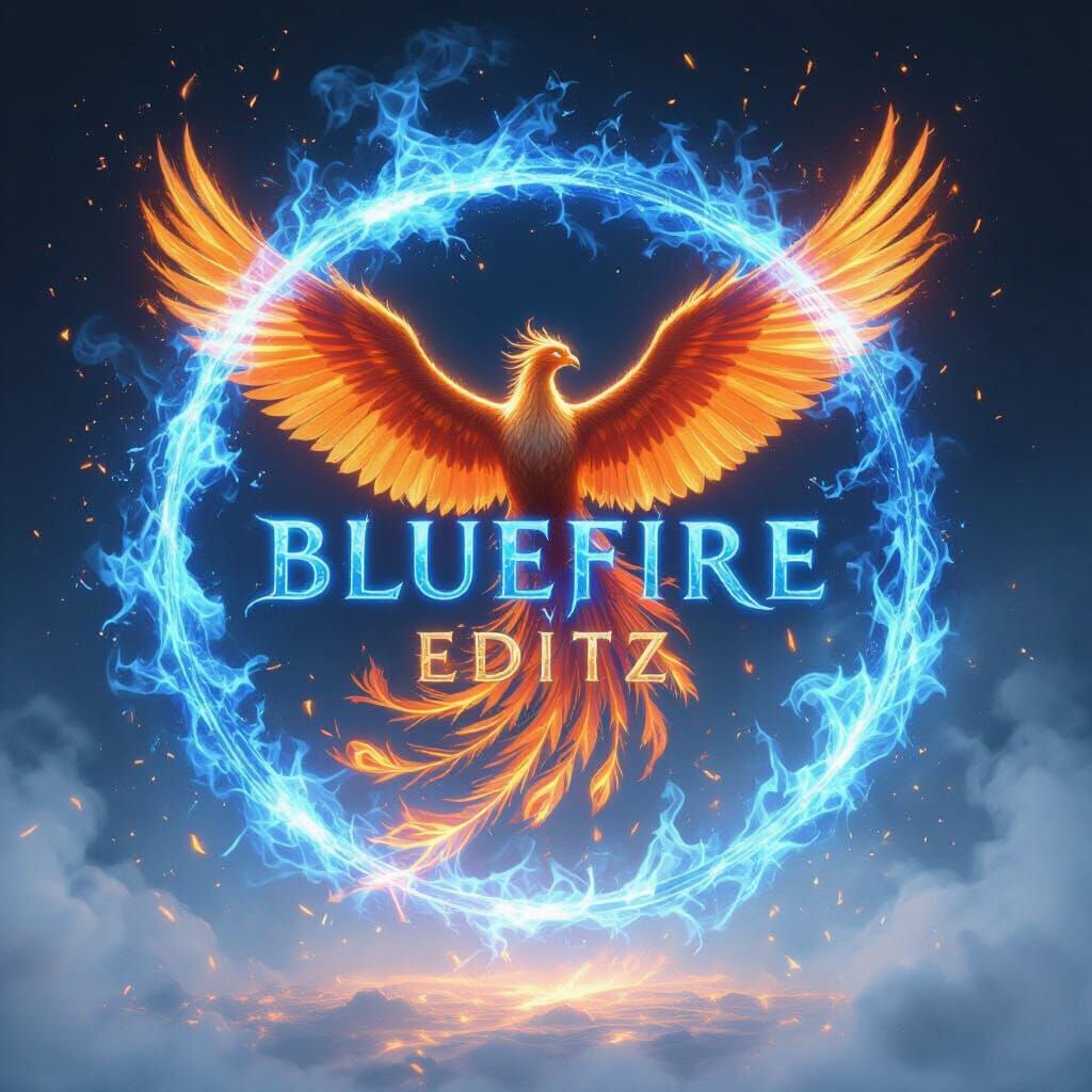 Ethereal Blue Fire Phoenix with Fiery Text