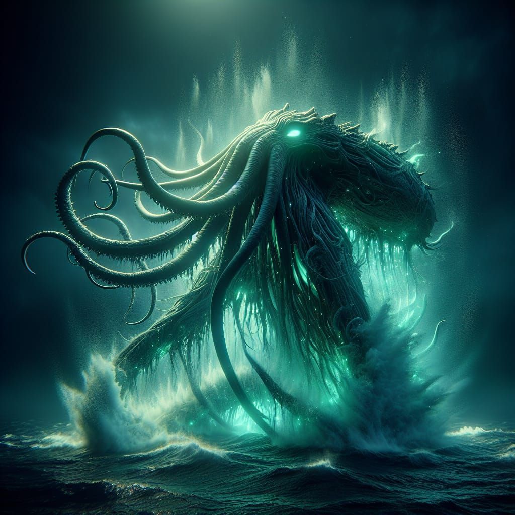 A Colossal Kraken Rises from the Depths in Ethereal Green Gl...