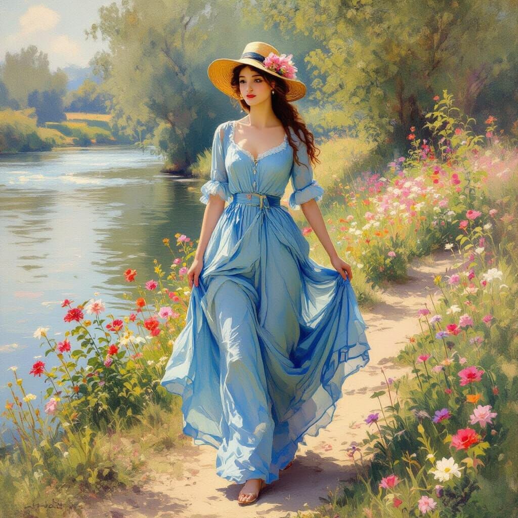 Woman in Blue Dress Walks by Blooming Riverbank