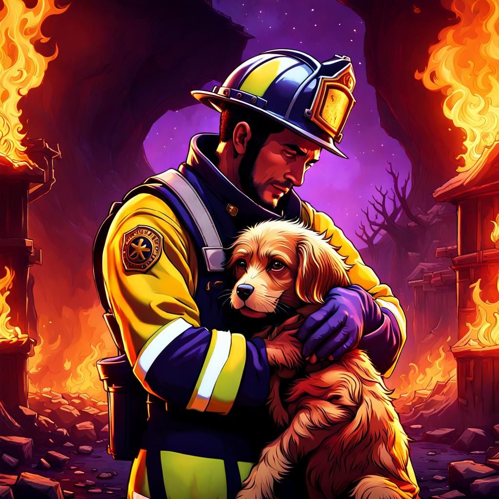 Firefighter Rescues Dog: Dark Fantasy Art
