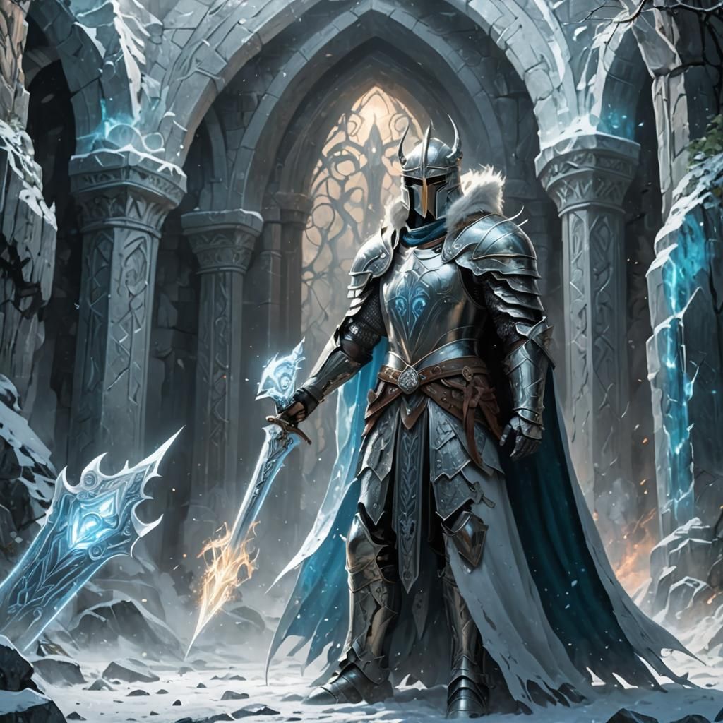 Mythical Knight with Glowing Sword, Fantasy Illustration