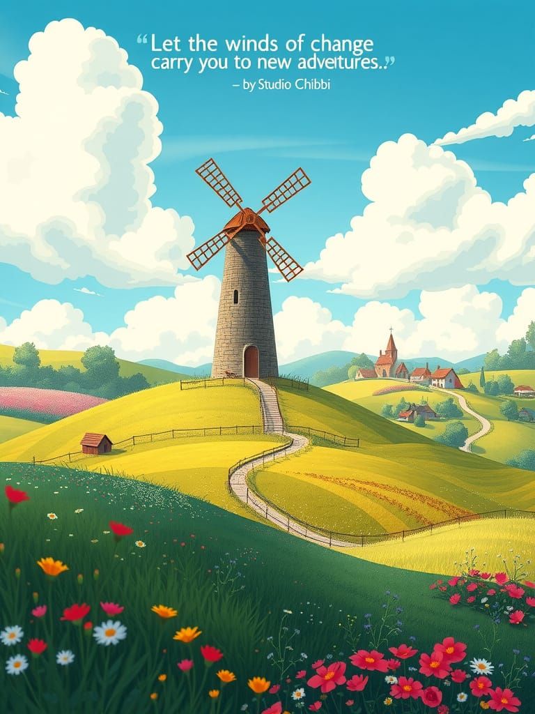 Whimsical Windmill Scene in Studio Ghibli Style