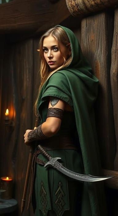 Elven Ranger in Tavern: Vibrant Oil Painting