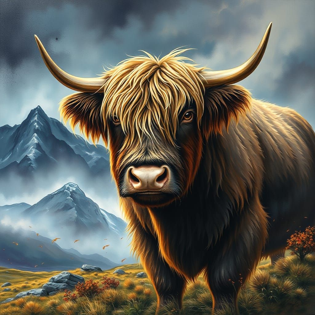 Highland Calf in Stormy Landscape, Digital Art