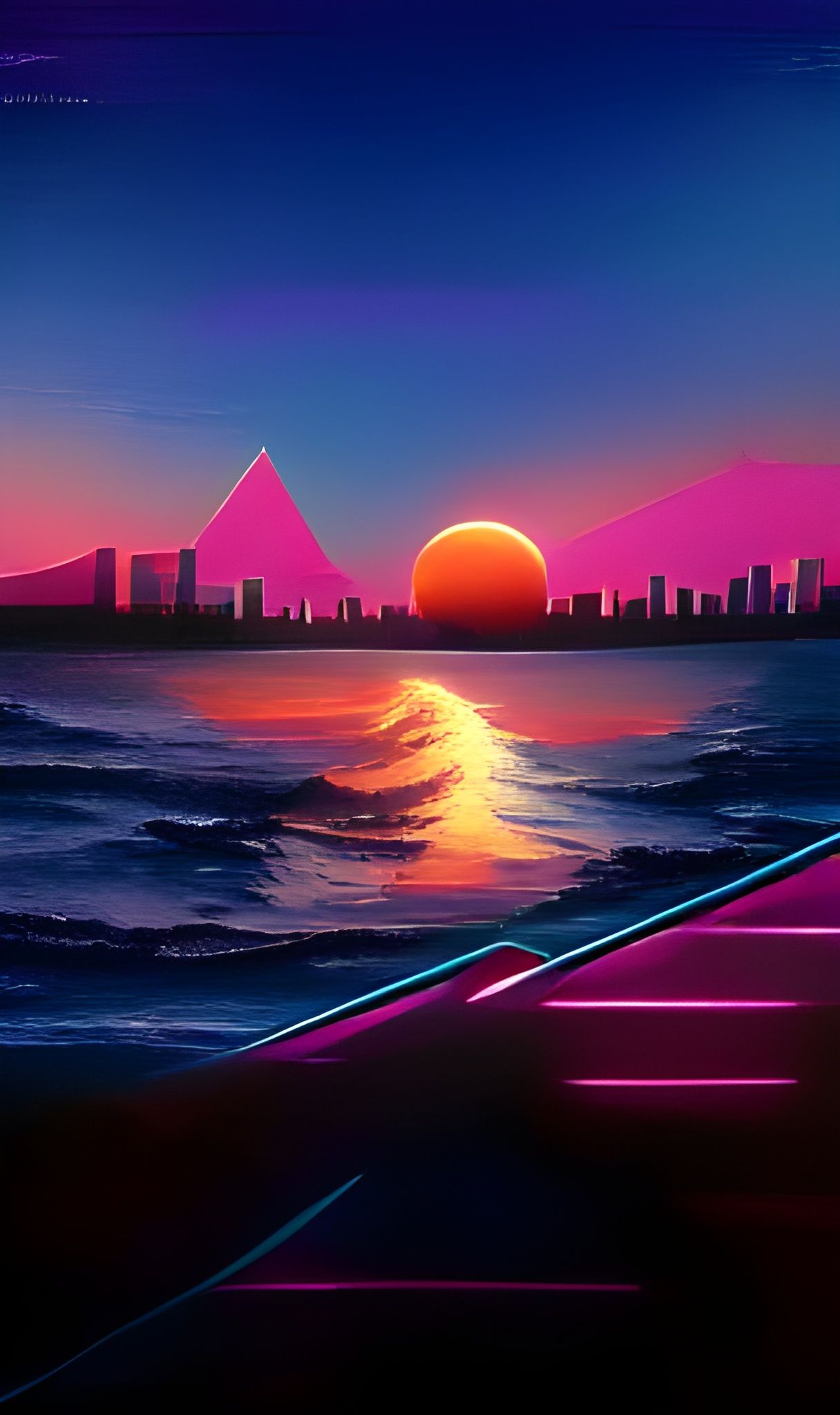 Retrowave Sunset with Neon Cityscape