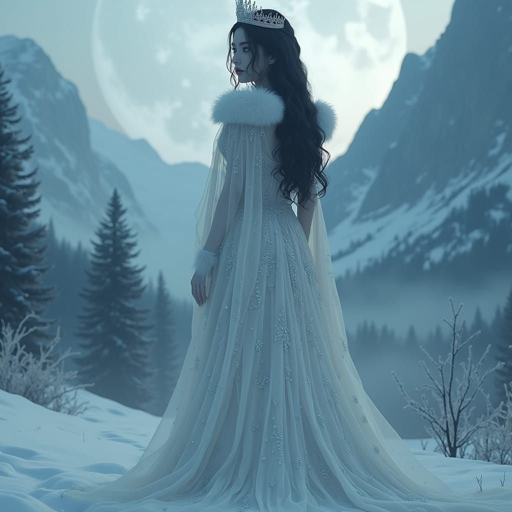 Regal Hyperreal Woman in Crystal Gown, Misty Mountains