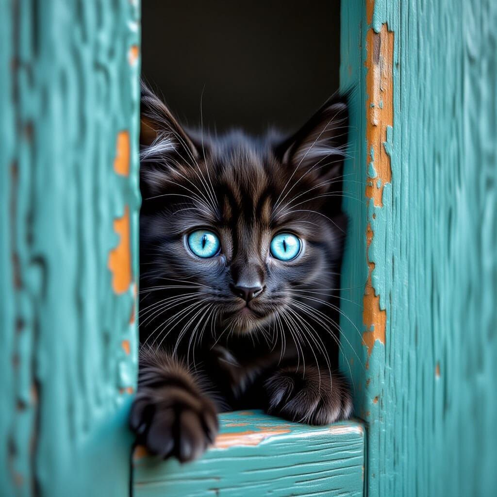 Black Kitten Peeks From Teal Door With Orange Accents