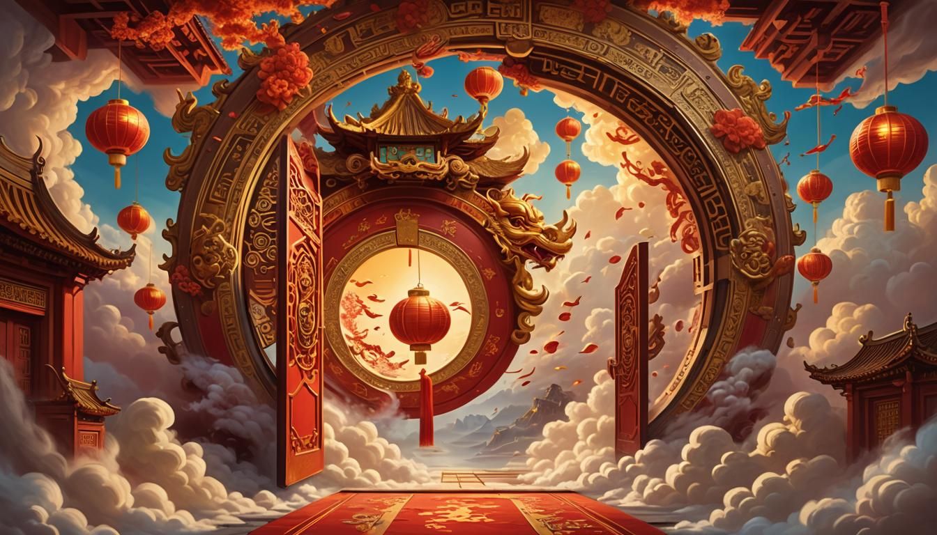 Dreamlike Chinese New Year Portal Door Unfolds in Golden Lig...