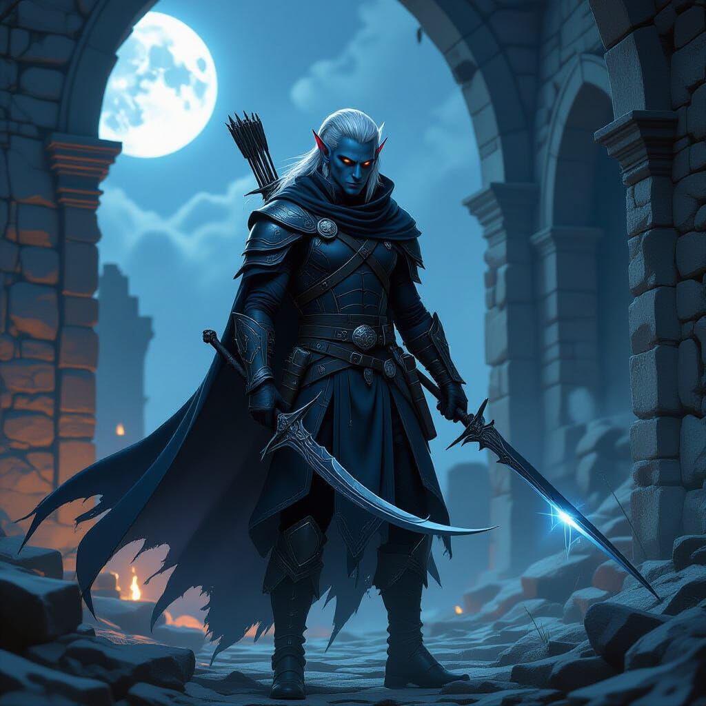 Dark Elf Ranger with Silver Hair in Moonlit Tower