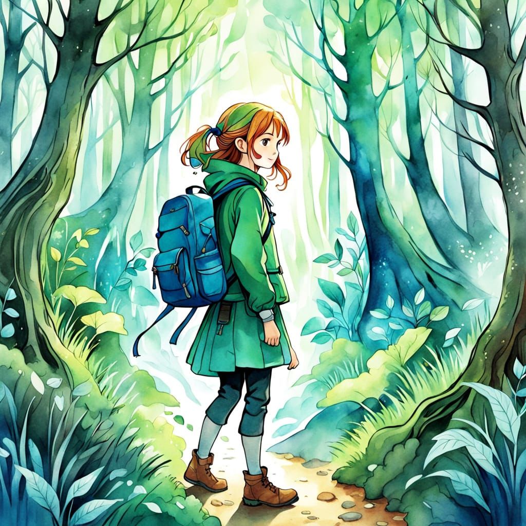 Fantasy Adventurer in Magical Forest Watercolor Sketch
