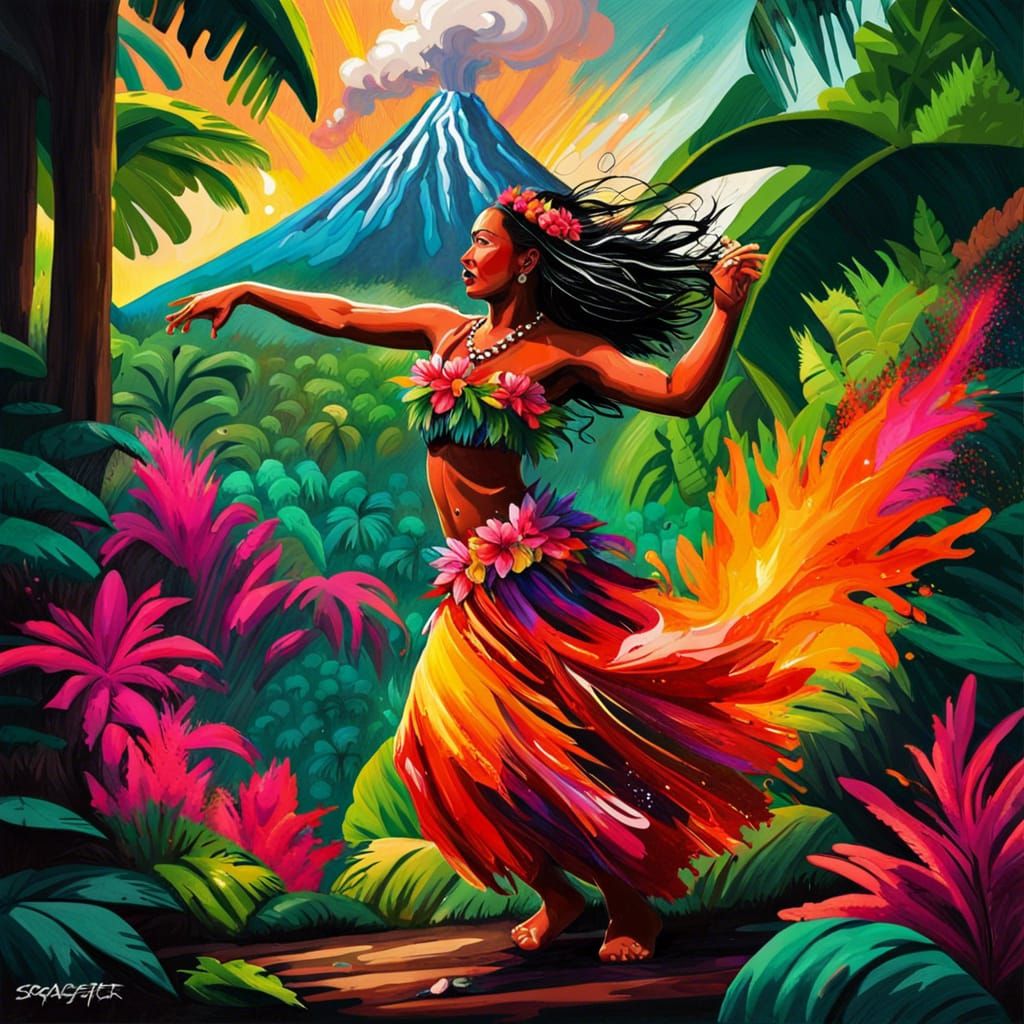 Hula Dancer in Tropical Forest, Graffiti Art Style