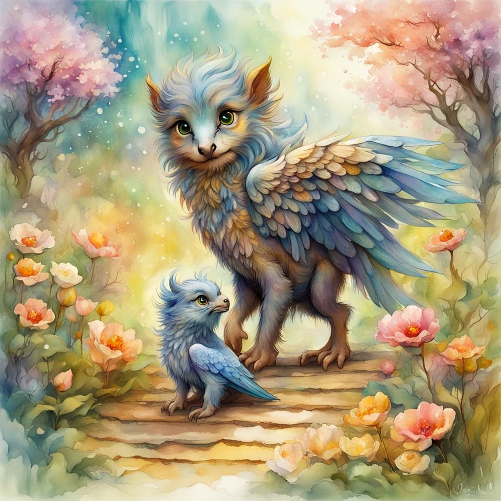 Adorable Fairytale Baby Griffin in Watercolor Style